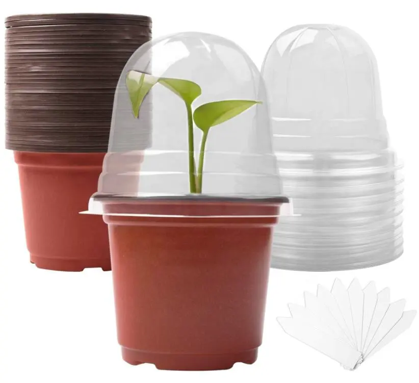 Pots de pépinière pour plantes souples de 4 pouces, 10 étiquettes, couvercles transparents, petit plateau de démarrage, trous de vidange, 30 ensembles