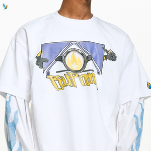 T-shirt blanc oversize à imprimé flamme bleue pour homme, motif dessin animé, double couche, manches longues - Product Image 5