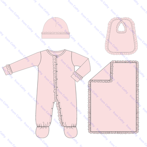 Ruffle Knitted Cotton Soft Warm Newborn Infant Coming Home Outfits New Long Sleeve Baby Footie Bib <strong>Blanket</strong> and Hat Set - Product Image 4