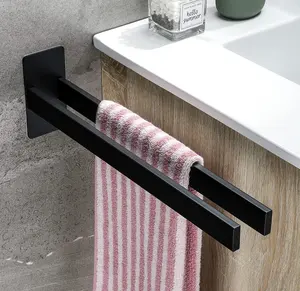 Wall Mounted Self-adhesive Stainless Steel 304 Black Double Towel Rack Towel Bar Shelf For Bathroom