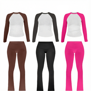 Conjunto de dos piezas de algodón personalizado para mujer: Top de manga larga y pantalón, estilo casual, bordado, tipo baby tee, ajustado y acanalado. - Product Image 1
