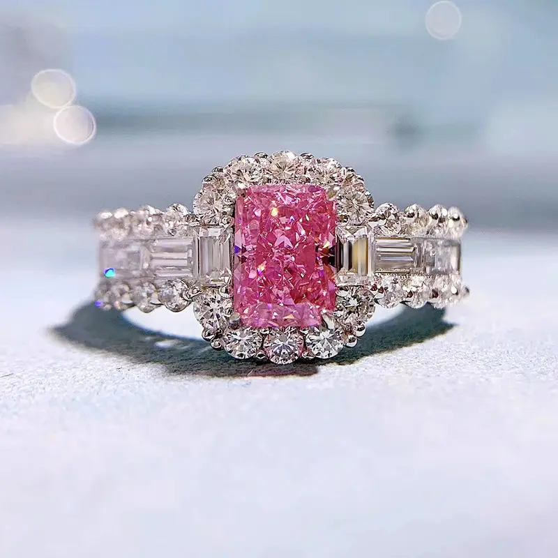 Cincin tunangan pernikahan wanita cincin keabadian berlian Cz persegi janji zirkonia kubik merah muda perak Sterling 925