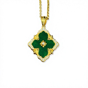 Pendentif Fleur Classique en Argent 925 et Jade avec Diamants Sertis en Bezel, Charme Thème Unisexe pour Usage Quotidien - Product Image 2