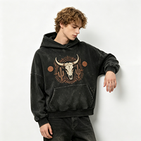 Hoodie Pria Dirty Spray Streetwear Motif Tengkorak Banteng, Bahan Katun Tebal, Cetak Western Distressed, Model Pullover Vintage Wash, Grosir