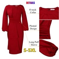 Wrap Tie femmes robe crayon sac à manches longues bouffantes hanches dame robes plissées modestes