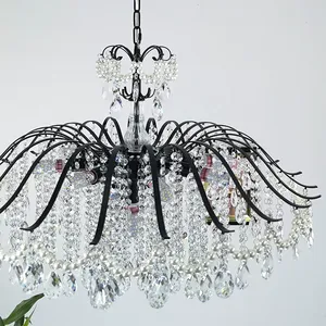 Lustre LED <span class=keywords><strong>vintage</strong></span> français de luxe en fer noir avec perles de cristal, garantie de 2 ans pour salon, salle à manger, chambre à coucher - Product Image 5