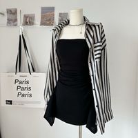 Ensemble Chic Coréen Tendance Été 2026 : Chemise Rayée Sans Col Anti-UV Décontractée + Robe Noire pour Femme