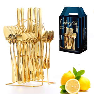 Ensemble de couverts en acier inoxydable poli miroir moderne de 24 pièces avec support doré, boîte cadeau, luxe, mariage, logo personnalisé, marque Guangdong <span class=keywords><strong>QZQ</strong></span> - Product Image 1