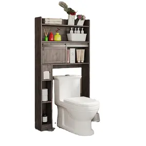 木质设计6层收纳架卫生间储物浴室架带滑动门橱柜