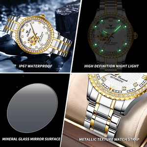 นาฬิกาข้อมือผู้ชาย Oem Odm Fegeen8073 ระบบจักรกลอัตโนมัติ ตัวเรือนสแตนเลสสตีล กันน้ำ เรืองแสง สายแบบซ่อน ตัวล็อคแบบเพชร แฟชั่น ดีไซน์โปร่งสีทอง - Product Image 6