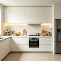 Meuble de cuisine modulaire personnalisé en contreplaqué écologique multifonctionnel, panneau plat sans poignée pour cuisine contemporaine