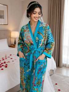Bata de dormir informal de algodón suave para mujer, estilo kimono Kantha acolchado de longitud completa, con cuello en V y manga tres cuartos, ideal para primavera. - Product Image 6