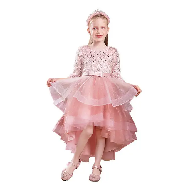 Fashion fluffy Sequin puffy trailing pageant dress for girls gold pink Flower Girl Dress