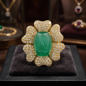 Anillo para mujer con esmeralda natural de corte cabujón ovalado en el centro, con diamantes en engaste pavé y diseño de flor. - Product Image 3
