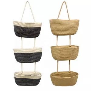 Xinyide 3-layer wall-mounted Jute storage rack magazine rack kitchen hanging basket decorative hanging storage jute basket