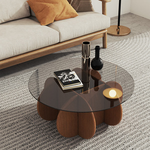 Tavolino da Caffè Rotondo in <span class=keywords><strong>Vetro</strong></span> di Alta Qualità con Struttura in Legno per Soggiorno - Product Image 4