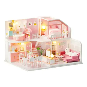 Amazo Hot Pertend Speelgoed Houten Poppenhuis Roze Stijl Diy Handgemaakte Houten Miniatuur Poppenhuis Voor Meisje