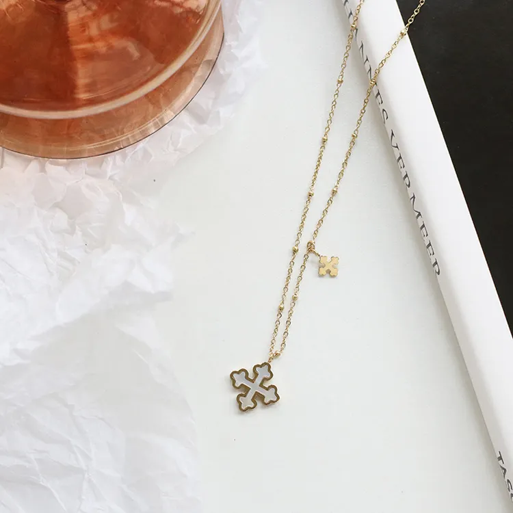 Natural white shell European flower double cross pendant titanium stainless steel 14K gold plated necklace jewelry for lady