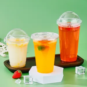 Alta calidad al por mayor desechables 95mm vasos de plástico Boba té jugo de naranja vasos de plástico transparente con tapas y pajitas
