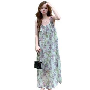 Sweet Purple Floral Print Sundress For Women Tie Neck Loose Waist Casual Long Dress Summer Style - Product Image 5