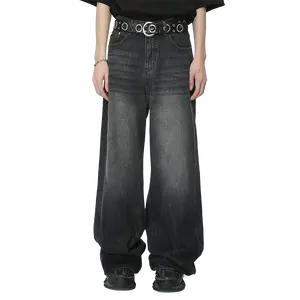 Custom Heren 100% Katoenen Zwart Gewassen Wijde Pijpen Jeans Retro Stijl Uitlopende Silhouet Ontspannen Fit Dik Denim Eenvoudige Effen Kleur