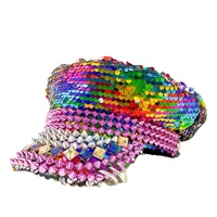 Chapeaux de Capitaine Personnalisés en Gros avec Paillettes Arc-en-ciel, 3 MOQ, Rose, Argent, Strass Pointus, pour Festivals et Fêtes, pour Femmes