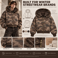 Blouson zippé à capuche pour homme, coupe courte et carrée, en camouflage marron délavé, avec garniture en fourrure, style streetwear, en tissu épais, fournisseur en gros pour marques