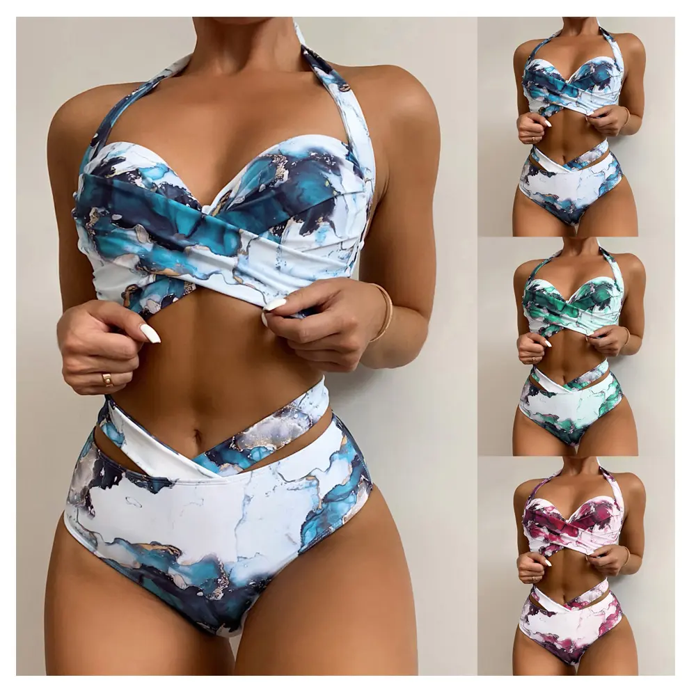 Sexy Bikinis Frauen Zweiteiliger Badeanzug mit Marmor druck Weiblich Push Up Halfter Rüschen Wickel vorne Hohe Taille Marmor Print Badeanzug