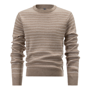 Pull en tricot personnalisé ODM en acrylique, col rond, manches longues, rayé, couleur kaki, pour homme, automne-hiver - Product Image 1