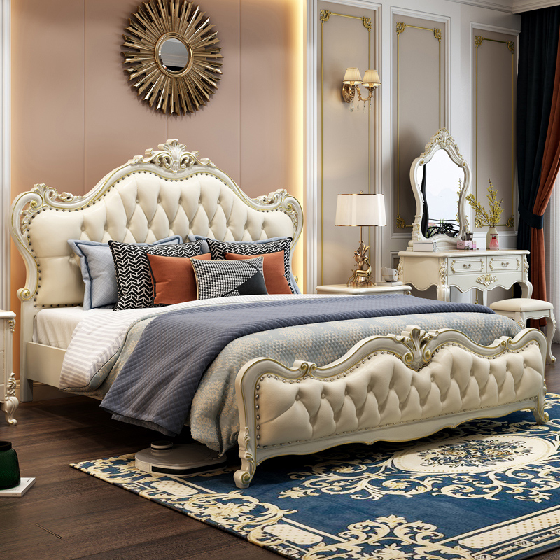 European Style Solid Wood Double 1.8m Queen Bed Luxury Pastoral Princess Bedroom Furniture French Leather for Room Wedding Bed