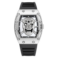 Jam Tangan Pria Model Tengkorak Berongga Terbaru, Casing Aloi 40mm Bentuk Barel, Silikon, Quartz, Jarum Penunjuk Bercahaya, Kaca Mineral, Gesper Pin