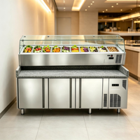 Comptoir réfrigéré commercial pour préparation de salades avec plan de travail en marbre, vitrine réfrigérée à 9 bacs pour salades, idéal pour restaurants et pizzerias