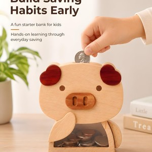 Tirelire en bois transparente en acrylique pour enfants, boîte à monnaie pour la dépose d'argent, décoration de bureau pour enfants - Product Image 1