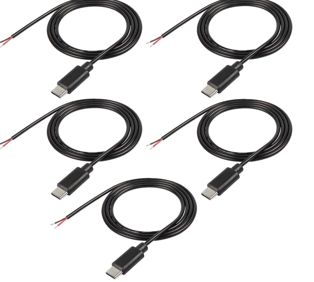 22AWG 5V 3A USB-C Plug to 2 Pin Bare Wire Open End Connector for DIY - 1M/3.2FT