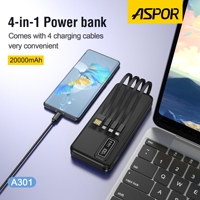 Aspor A301 Batterie Externe Portable 20000mAh avec Chargeur et Câbles Intégrés 4-en-1 pour Téléphone