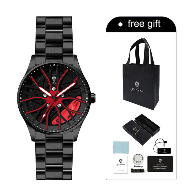 Gohuos 8901 Men's Car Wheel Design Waterproof Watch and Accessories Sport Quartz Stainless Steel Band Luminous Hands Wristwatch