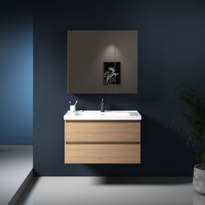 Natural Wood Bathroom Storage Cabinet White Ceramic One-Piece Basin Minimalist Modern Design - Product Image 3