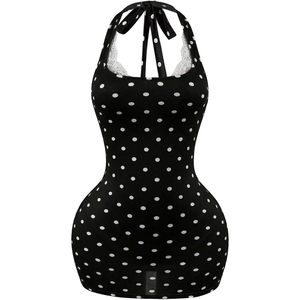 Vestido Mini Halter con Estampado de Puntos para Mujer, Vestido Ajustado sin Espalda con Cuello de Encaje y Lazos, para Fiesta o Club - Product Image 1