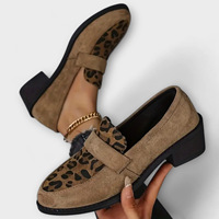 Mocassins décontractés à talon bas pour femme en daim imprimé léopard, à talon carré, à enfiler, confortables, chaussures de marche tendance pour femme, vente en gros