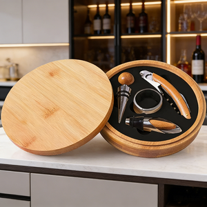 Juego de abridor de botellas de vino de 4 piezas, caja de bambú con componentes de acero, diseño de madera oscura, kits de accesorios hechos en Guangdong - Product Image 1