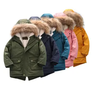 Casaco de inverno com capuz, bebê elegante com zíper roupas quentes de inverno genuíno com gola de pele