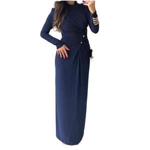 Robe longue élégante à col montant et manches longues avec détail froncé et boutons décoratifs, coupe moulante, couleur unie, en tissu tricoté - Product Image 1