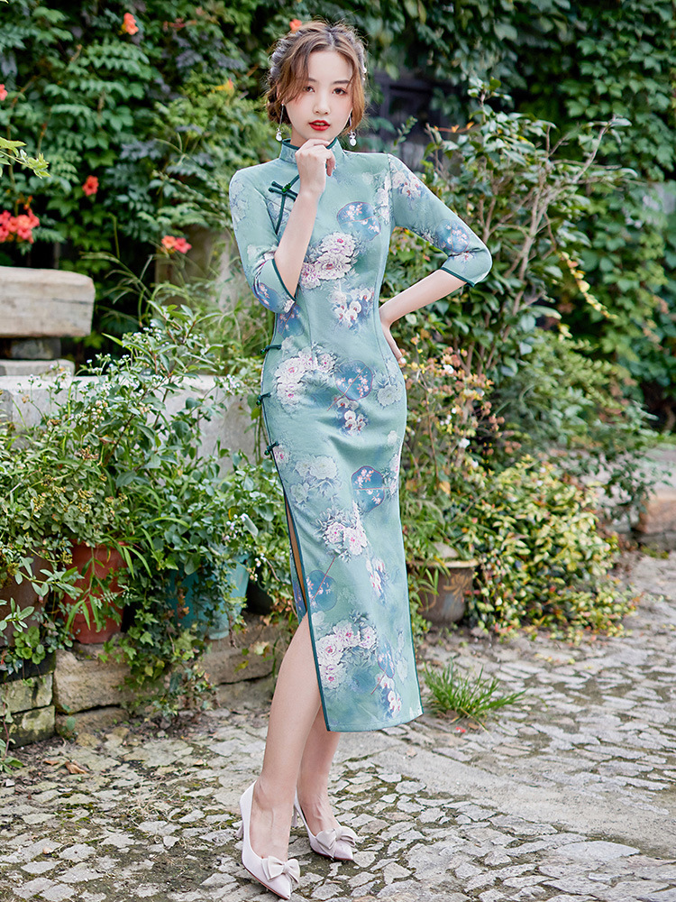 navy blue dress for baby girl Long Sleeve Wool Collar Winter Cheongsam Dress main image 1