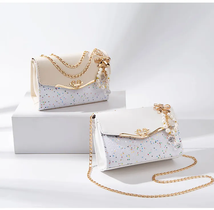 Stylish Versatile Golden Chain Strap Ladies Designer Bags Bowknot-decoration Cross Body Messenger Girls Fashion Confetti Purse