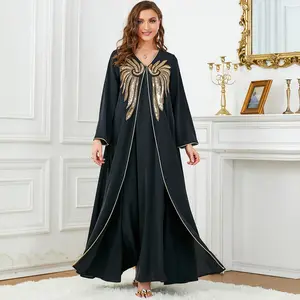 1810黑色亮片火鸡2件套穆斯林女性中等服装伊斯兰服装马克西连衣裙