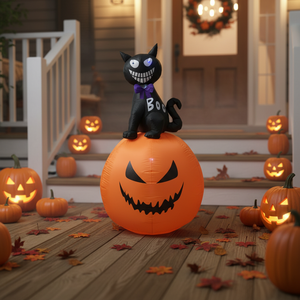 Gato Negro Inflable de Halloween Sentado <span class=keywords><strong>en</strong></span> una <span class=keywords><strong>Calabaza</strong></span> con <span class=keywords><strong>Cara</strong></span> Aterradora Tallada, Modelo Luminoso para Decoración de Jardín Exterior - Product Image 2
