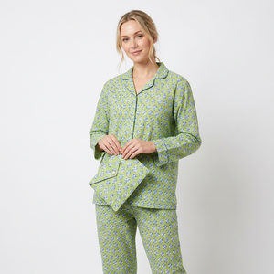 Conjunto de Pijama Elegante de Algodón 100% con Estampado Floral para Mujer, Manga Larga, Cuello Camisero, Cintura Elástica, Ropa de Dormir para Verano - Product Image 1