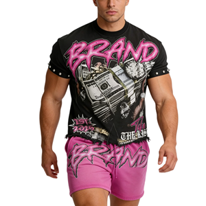 Conjunto de chándal de verano personalizado para hombre, con camiseta y pantalón corto de corte holgado, con estampado DTG de pantalla rotura y lavado ácido, estilo vintage. - Product Image 2