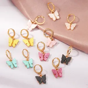 New Korean Gold Cute Animal Acrylic Butterfly Charms Plastic Hoop Earrings For Girls Jewelry