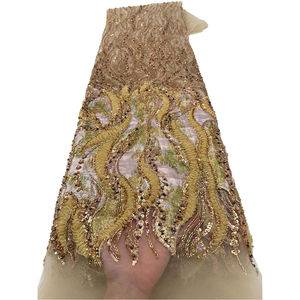 Tessuto in pizzo francese di lusso NI.AI Aso Ebi con perline e ricami di paillettes, pizzo africano fatto a mano con perline per decorazioni nuziali - Product Image 3